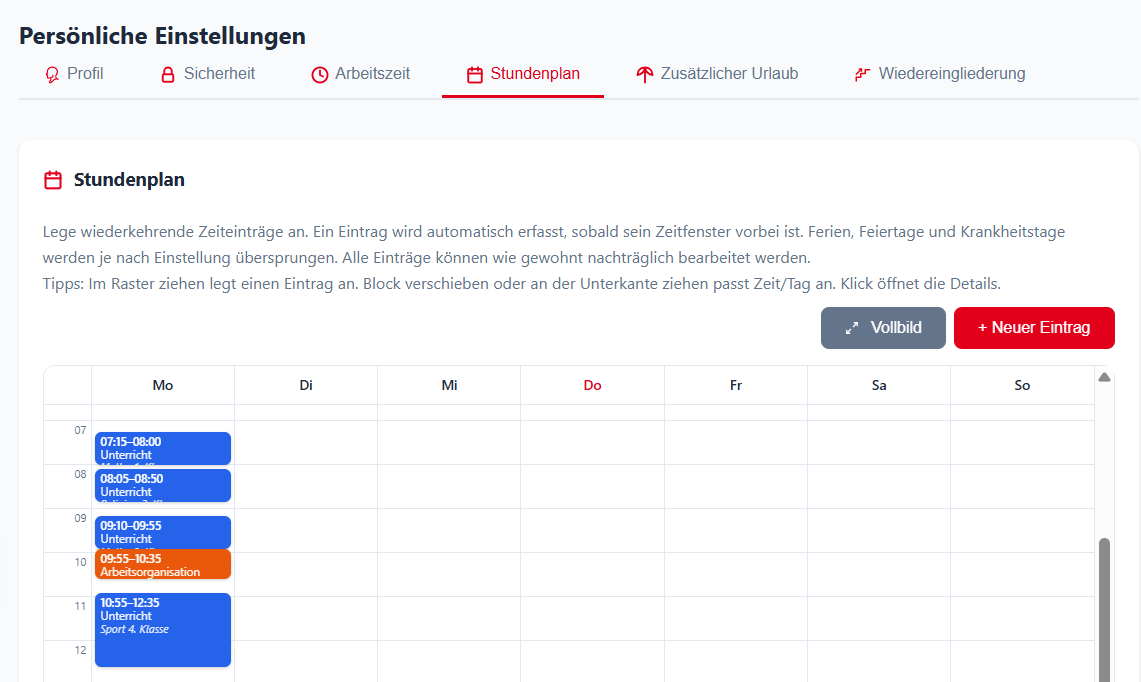 Stundenplan-Raster mit wiederkehrenden Einträgen