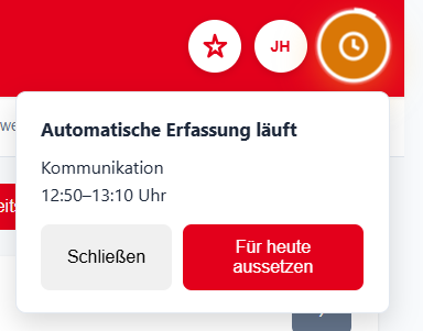 Erinnerung im Header: Automatische Erfassung läuft