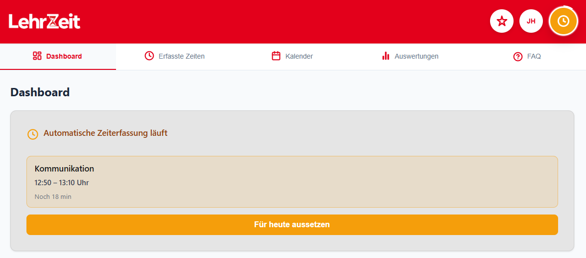 Hinweis: Automatische Zeiterfassung läuft, mit Aussetzen-Button