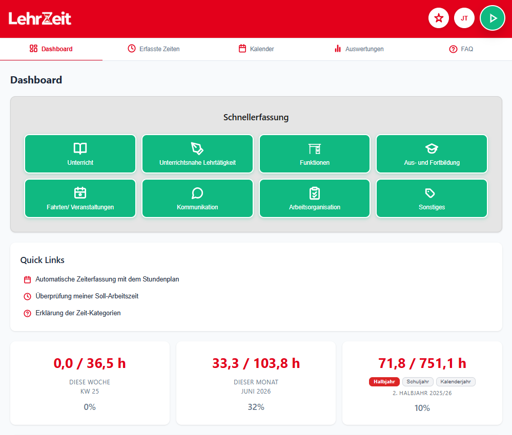 LehrZeit Dashboard mit Schnellerfassung, Quick Links und Soll-/Ist-Auswertung