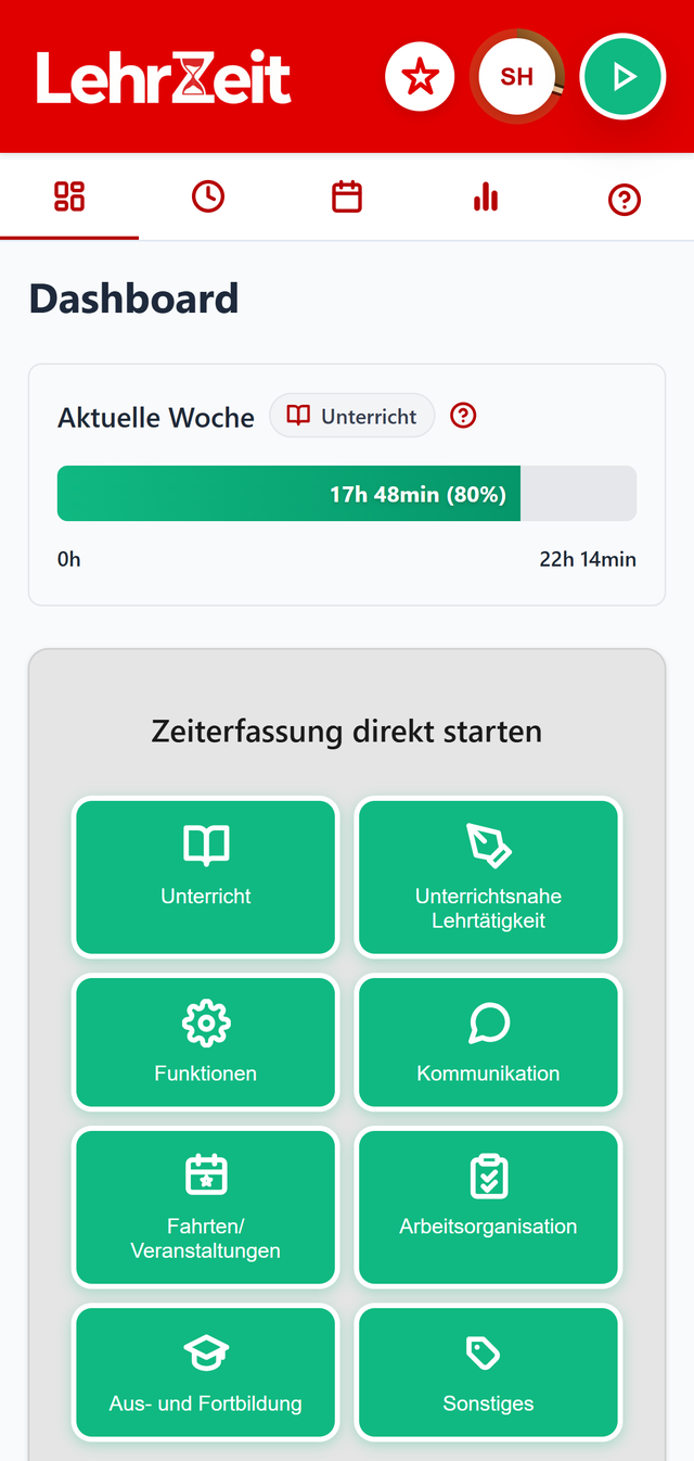 LehrZeit auf dem Smartphone: Dashboard mit der aktuellen Woche und der Schnellerfassung
