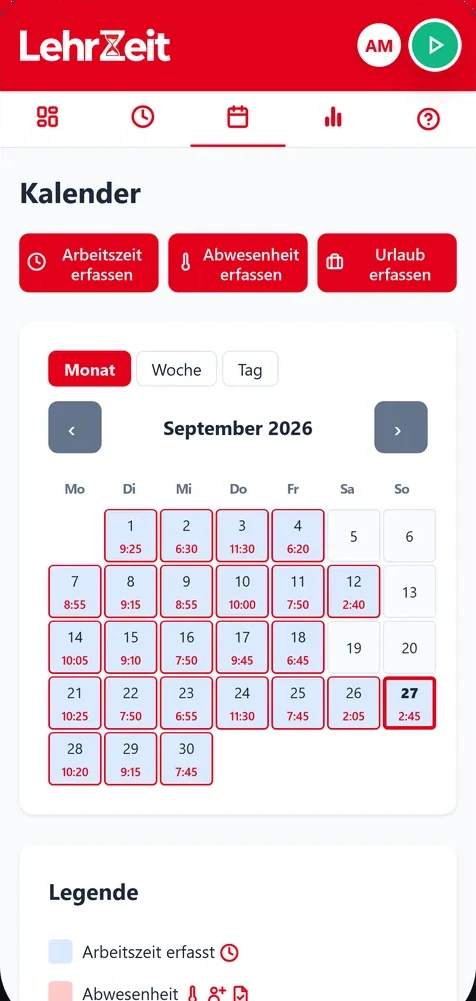 LehrZeit auf dem Smartphone: Monatskalender mit Stunden je Tag