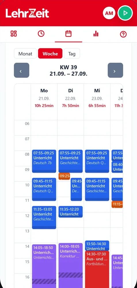 LehrZeit auf dem Smartphone: Wochenkalender, gefüllt aus dem Stundenplan